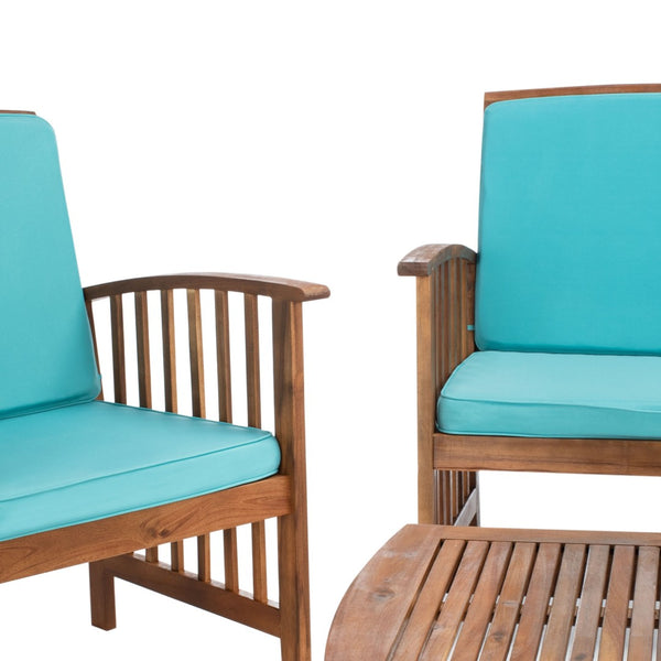 Safavieh ROCKLIN 4-Piece Outdoor Set - Stylish Acacia Wood Frame with Cozy All-Weather Cushions & Pillows Natural / Aqua PAT7007Q