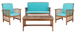 Safavieh ROCKLIN 4-Piece Outdoor Set - Stylish Acacia Wood Frame with Cozy All-Weather Cushions & Pillows Natural / Aqua PAT7007Q