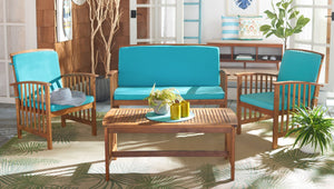 Safavieh ROCKLIN 4-Piece Outdoor Set - Stylish Acacia Wood Frame with Cozy All-Weather Cushions & Pillows Natural / Aqua PAT7007Q