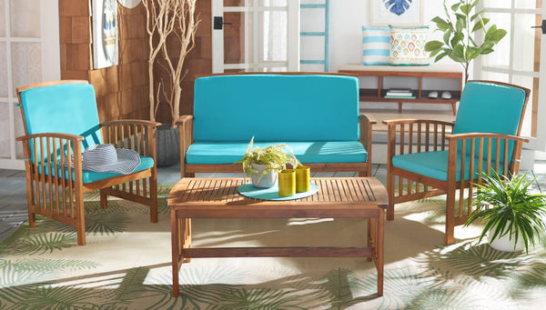 Safavieh ROCKLIN 4-Piece Outdoor Set - Stylish Acacia Wood Frame with Cozy All-Weather Cushions & Pillows Natural / Aqua PAT7007Q