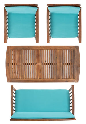 Safavieh ROCKLIN 4-Piece Outdoor Set - Stylish Acacia Wood Frame with Cozy All-Weather Cushions & Pillows Natural / Aqua PAT7007Q