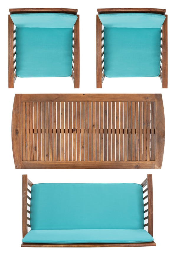 Safavieh ROCKLIN 4-Piece Outdoor Set - Stylish Acacia Wood Frame with Cozy All-Weather Cushions & Pillows Natural / Aqua PAT7007Q