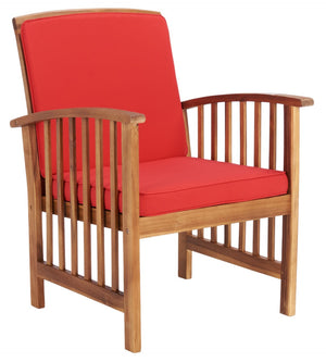 Safavieh ROCKLIN 4-Piece Outdoor Set - Stylish Acacia Wood Frame with Cozy All-Weather Cushions & Pillows Natural / Red PAT7007R