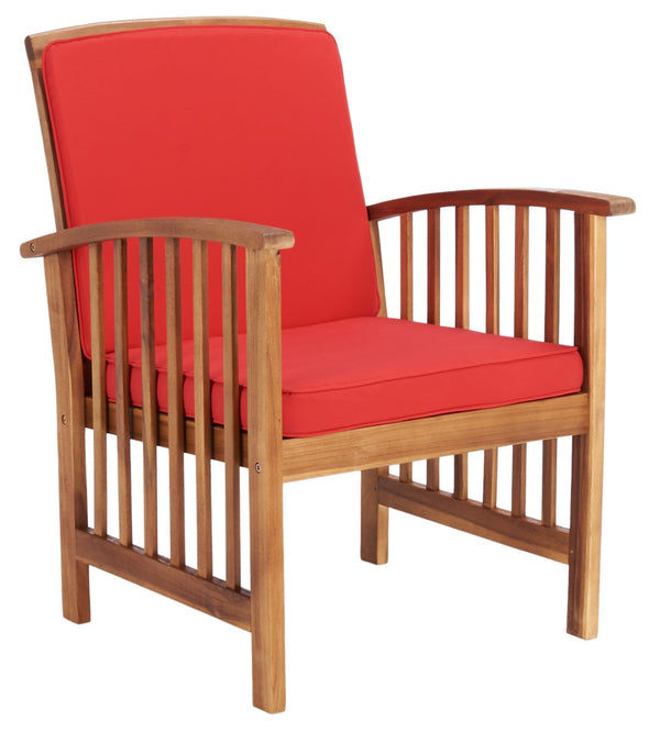 Safavieh ROCKLIN 4-Piece Outdoor Set - Stylish Acacia Wood Frame with Cozy All-Weather Cushions & Pillows Natural / Red PAT7007R