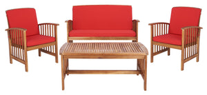 Safavieh ROCKLIN 4-Piece Outdoor Set - Stylish Acacia Wood Frame with Cozy All-Weather Cushions & Pillows Natural / Red PAT7007R