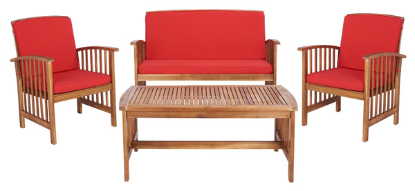 Safavieh ROCKLIN 4-Piece Outdoor Set - Stylish Acacia Wood Frame with Cozy All-Weather Cushions & Pillows Natural / Red PAT7007R