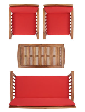 Safavieh ROCKLIN 4-Piece Outdoor Set - Stylish Acacia Wood Frame with Cozy All-Weather Cushions & Pillows Natural / Red PAT7007R