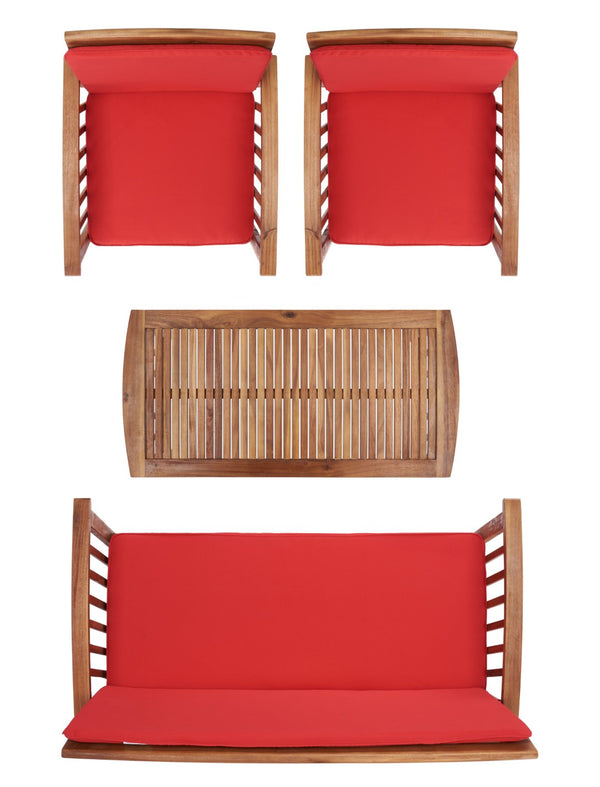 Safavieh ROCKLIN 4-Piece Outdoor Set - Stylish Acacia Wood Frame with Cozy All-Weather Cushions & Pillows Natural / Red PAT7007R