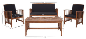 Safavieh ROCKLIN 4-Piece Outdoor Set - Stylish Acacia Wood Frame with Cozy All-Weather Cushions & Pillows Natural / Black PAT7007X