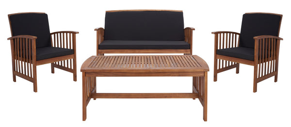Safavieh ROCKLIN 4-Piece Outdoor Set - Stylish Acacia Wood Frame with Cozy All-Weather Cushions & Pillows Natural / Black PAT7007X