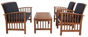 Safavieh ROCKLIN 4-Piece Outdoor Set - Stylish Acacia Wood Frame with Cozy All-Weather Cushions & Pillows Natural / Black PAT7007X