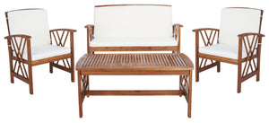 Safavieh FONTANA 4-Piece Outdoor Set - Stylish Acacia Wood Furniture with All-Weather Comfort & Chic Design Natural / Beige PAT7008A