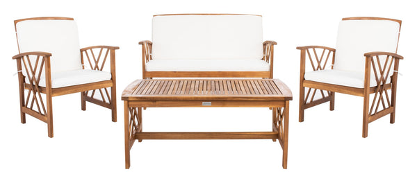 Safavieh FONTANA 4-Piece Outdoor Set - Stylish Acacia Wood Furniture with All-Weather Comfort & Chic Design Natural / Beige PAT7008A