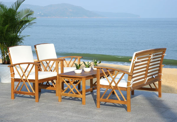 Safavieh FONTANA 4-Piece Outdoor Set - Stylish Acacia Wood Furniture with All-Weather Comfort & Chic Design Natural / Beige PAT7008A