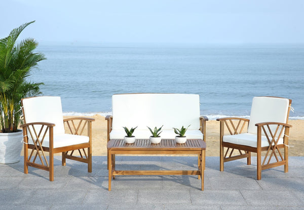 Safavieh FONTANA 4-Piece Outdoor Set - Stylish Acacia Wood Furniture with All-Weather Comfort & Chic Design Natural / Beige PAT7008A