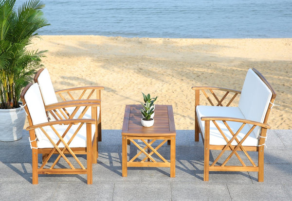 Safavieh FONTANA 4-Piece Outdoor Set - Stylish Acacia Wood Furniture with All-Weather Comfort & Chic Design Natural / Beige PAT7008A