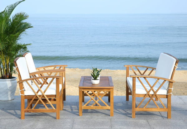 Safavieh FONTANA 4-Piece Outdoor Set - Stylish Acacia Wood Furniture with All-Weather Comfort & Chic Design Natural / Beige PAT7008A