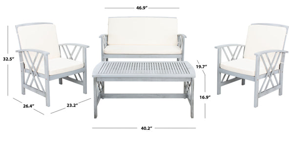 Safavieh FONTANA 4-Piece Outdoor Set - Stylish Acacia Wood Furniture with All-Weather Comfort & Chic Design Grey / Beige PAT7008B
