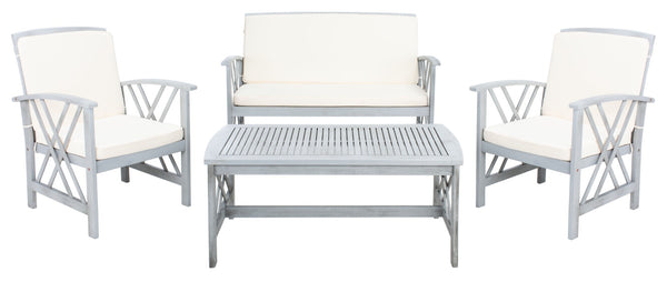 Safavieh FONTANA 4-Piece Outdoor Set - Stylish Acacia Wood Furniture with All-Weather Comfort & Chic Design Grey / Beige PAT7008B