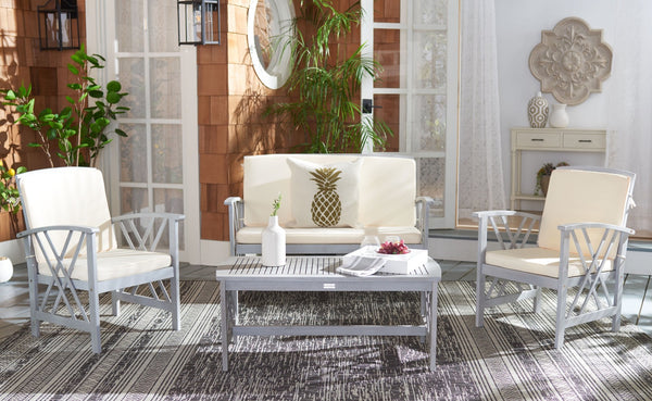 Safavieh FONTANA 4-Piece Outdoor Set - Stylish Acacia Wood Furniture with All-Weather Comfort & Chic Design Grey / Beige PAT7008B