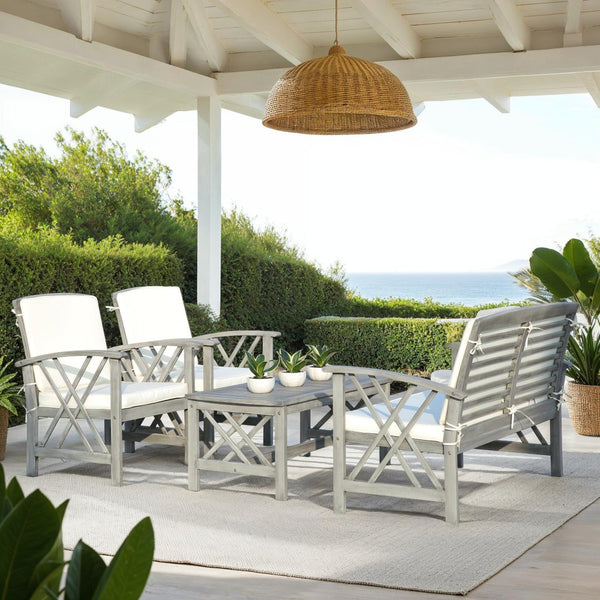 Safavieh FONTANA 4-Piece Outdoor Set - Stylish Acacia Wood Furniture with All-Weather Comfort & Chic Design Grey / Beige PAT7008B