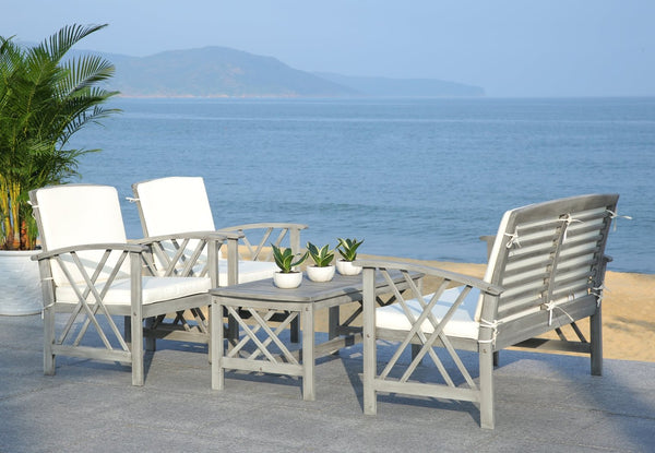 Safavieh FONTANA 4-Piece Outdoor Set - Stylish Acacia Wood Furniture with All-Weather Comfort & Chic Design Grey / Beige PAT7008B
