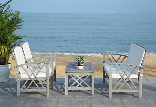 Safavieh FONTANA 4-Piece Outdoor Set - Stylish Acacia Wood Furniture with All-Weather Comfort & Chic Design Grey / Beige PAT7008B