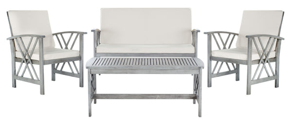 Safavieh FONTANA 4-Piece Outdoor Set - Stylish Acacia Wood Furniture with All-Weather Comfort & Chic Design Grey / Beige PAT7008B