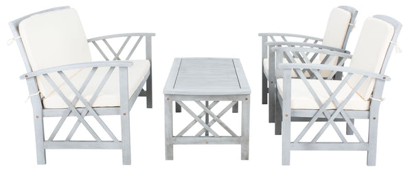 Safavieh FONTANA 4-Piece Outdoor Set - Stylish Acacia Wood Furniture with All-Weather Comfort & Chic Design Grey / Beige PAT7008B