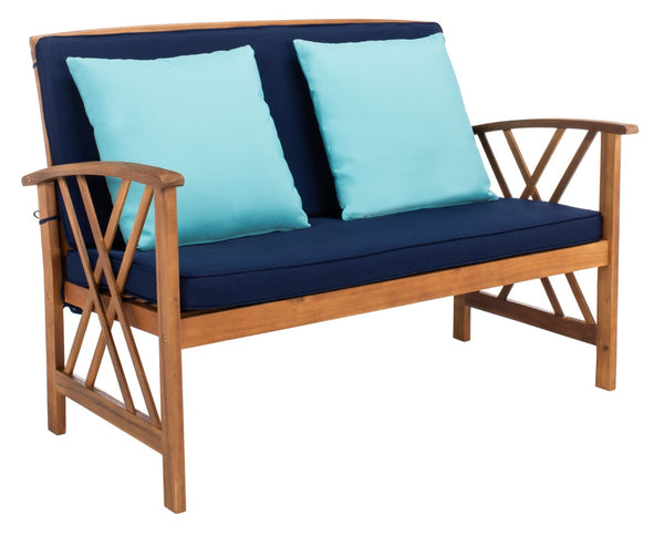 Safavieh FONTANA 4-Piece Outdoor Set - Stylish Acacia Wood Furniture with All-Weather Comfort & Chic Design Natural / Nvy+Solid Plw PAT7008C
