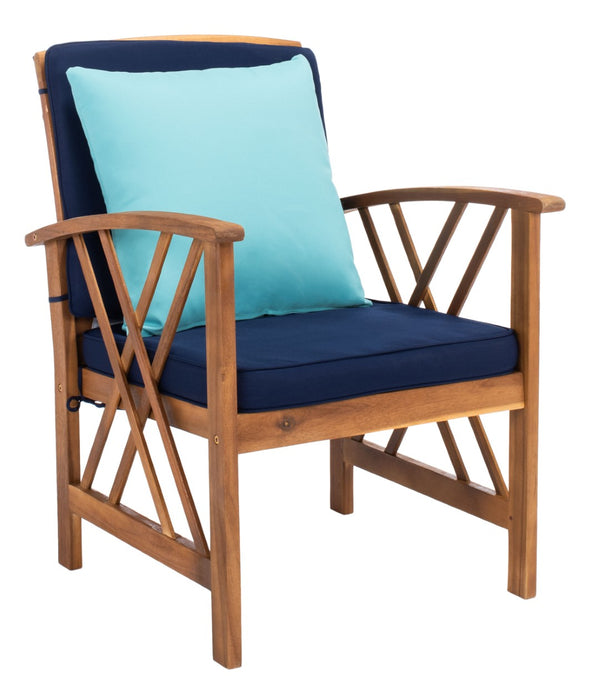 Safavieh FONTANA 4-Piece Outdoor Set - Stylish Acacia Wood Furniture with All-Weather Comfort & Chic Design Natural / Nvy+Solid Plw PAT7008C