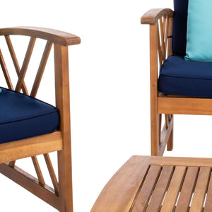 Safavieh FONTANA 4-Piece Outdoor Set - Stylish Acacia Wood Furniture with All-Weather Comfort & Chic Design Natural / Nvy+Solid Plw PAT7008C