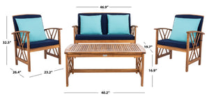 Safavieh FONTANA 4-Piece Outdoor Set - Stylish Acacia Wood Furniture with All-Weather Comfort & Chic Design Natural / Nvy+Solid Plw PAT7008C