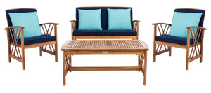 Safavieh FONTANA 4-Piece Outdoor Set - Stylish Acacia Wood Furniture with All-Weather Comfort & Chic Design Natural / Nvy+Solid Plw PAT7008C