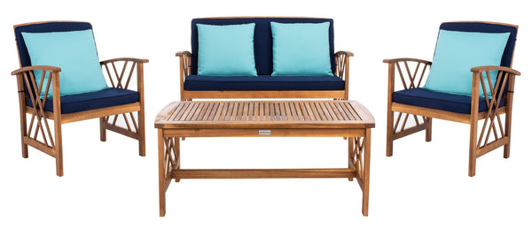 Safavieh FONTANA 4-Piece Outdoor Set - Stylish Acacia Wood Furniture with All-Weather Comfort & Chic Design Natural / Nvy+Solid Plw PAT7008C