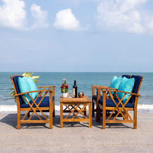 Safavieh FONTANA 4-Piece Outdoor Set - Stylish Acacia Wood Furniture with All-Weather Comfort & Chic Design Natural / Nvy+Solid Plw PAT7008C