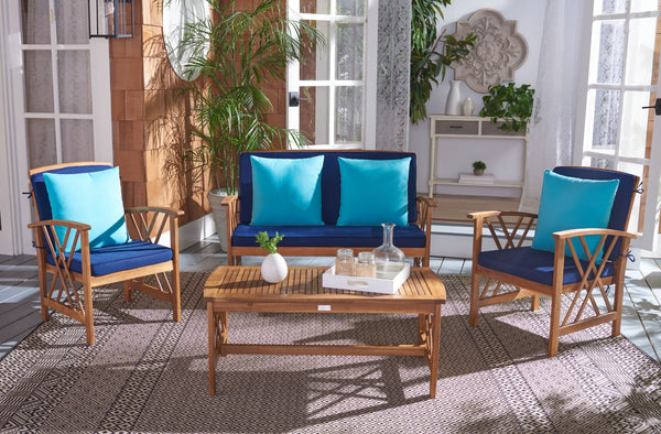 Safavieh FONTANA 4-Piece Outdoor Set - Stylish Acacia Wood Furniture with All-Weather Comfort & Chic Design Natural / Nvy+Solid Plw PAT7008C