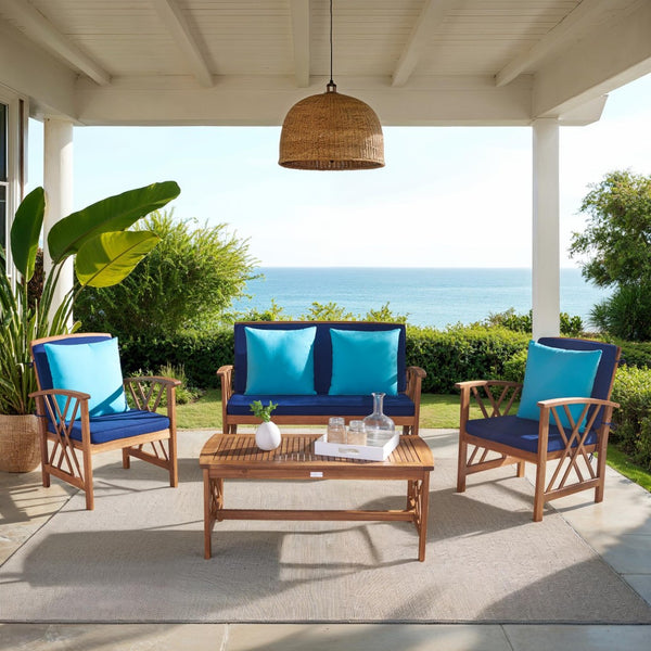 Safavieh FONTANA 4-Piece Outdoor Set - Stylish Acacia Wood Furniture with All-Weather Comfort & Chic Design Natural / Nvy+Solid Plw PAT7008C