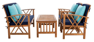 Safavieh FONTANA 4-Piece Outdoor Set - Stylish Acacia Wood Furniture with All-Weather Comfort & Chic Design Natural / Nvy+Solid Plw PAT7008C