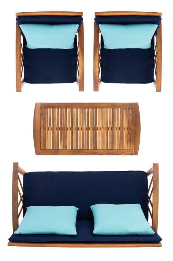 Safavieh FONTANA 4-Piece Outdoor Set - Stylish Acacia Wood Furniture with All-Weather Comfort & Chic Design Natural / Nvy+Solid Plw PAT7008C
