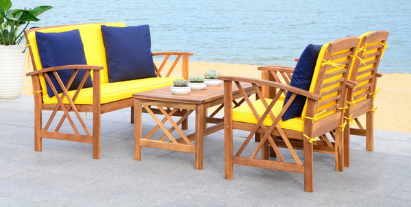 Safavieh FONTANA 4-Piece Outdoor Set - Stylish Acacia Wood Furniture with All-Weather Comfort & Chic Design Natural / Ylw + Solid P PAT7008D