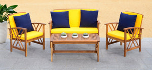 Safavieh FONTANA 4-Piece Outdoor Set - Stylish Acacia Wood Furniture with All-Weather Comfort & Chic Design Natural / Ylw + Solid P PAT7008D