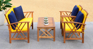 Safavieh FONTANA 4-Piece Outdoor Set - Stylish Acacia Wood Furniture with All-Weather Comfort & Chic Design Natural / Ylw + Solid P PAT7008D