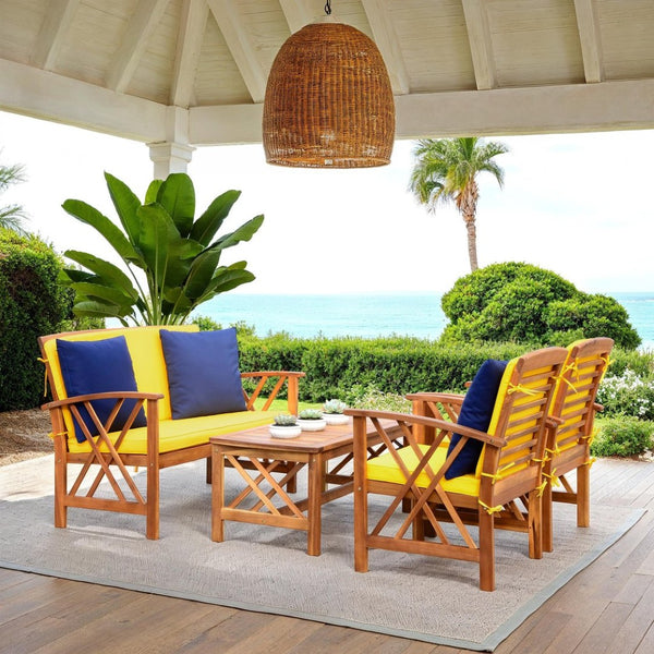 Safavieh FONTANA 4-Piece Outdoor Set - Stylish Acacia Wood Furniture with All-Weather Comfort & Chic Design Natural / Ylw + Solid P PAT7008D