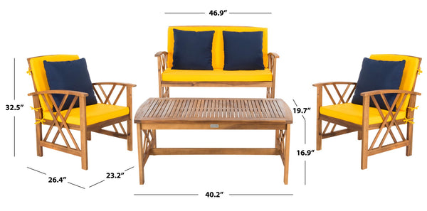Safavieh FONTANA 4-Piece Outdoor Set - Stylish Acacia Wood Furniture with All-Weather Comfort & Chic Design Natural / Ylw + Solid P PAT7008D