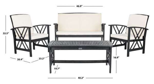 Safavieh FONTANA 4-Piece Outdoor Set - Stylish Acacia Wood Furniture with All-Weather Comfort & Chic Design Black / Beige PAT7008E