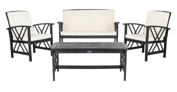 Safavieh FONTANA 4-Piece Outdoor Set - Stylish Acacia Wood Furniture with All-Weather Comfort & Chic Design Black / Beige PAT7008E