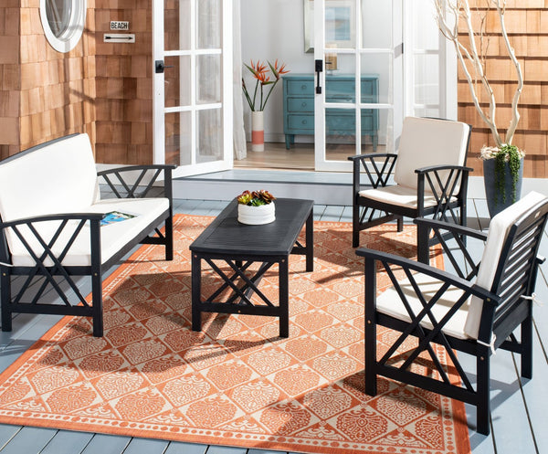 Safavieh FONTANA 4-Piece Outdoor Set - Stylish Acacia Wood Furniture with All-Weather Comfort & Chic Design Black / Beige PAT7008E