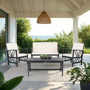 Safavieh FONTANA 4-Piece Outdoor Set - Stylish Acacia Wood Furniture with All-Weather Comfort & Chic Design Black / Beige PAT7008E