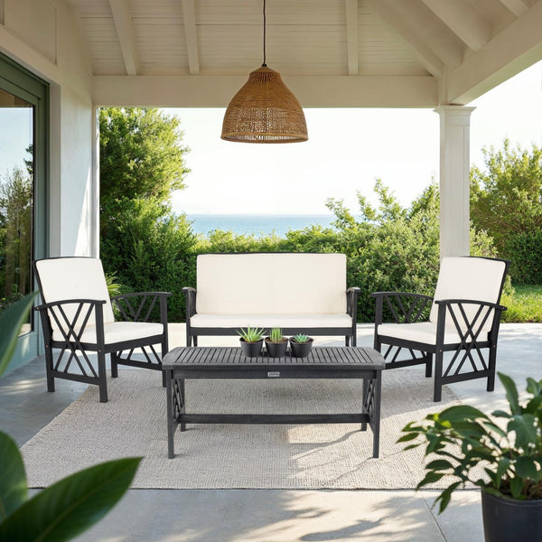Safavieh FONTANA 4-Piece Outdoor Set - Stylish Acacia Wood Furniture with All-Weather Comfort & Chic Design Black / Beige PAT7008E